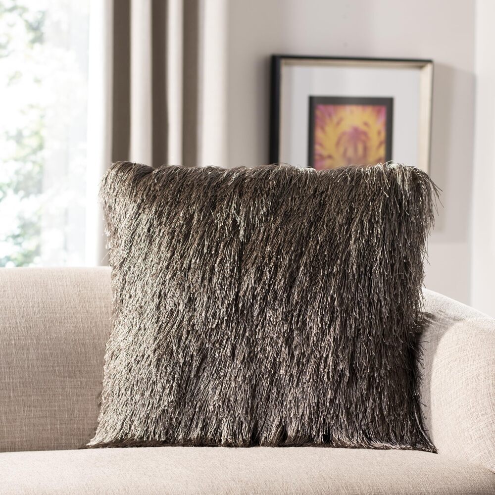 4385 Soleil Indoor/Outdoor Shag Throw Pillow, 22"x22", Taupe